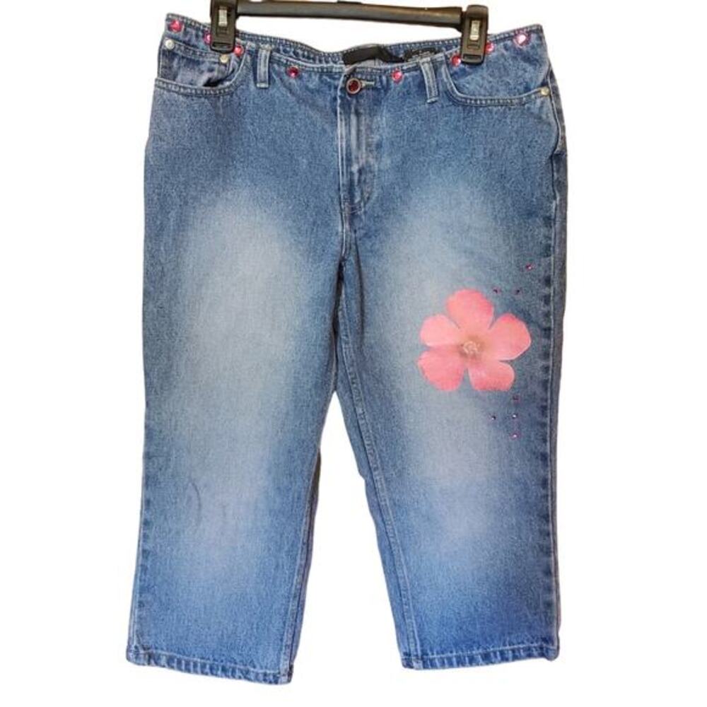 No Boundaries Womens Sz 11 Capris Low Rise Denim Jeans Floral Bejeweled Vintage